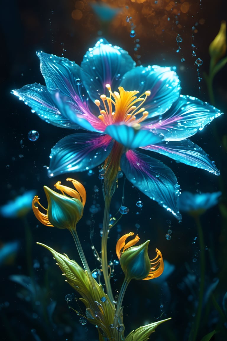 Magical Fantastic Bioluminescent Flowers, Liquid Structure, Flying Petals, Sparks, Splash, Portrait Photography, Fantasy Background, Intricate Patterns, Ultra Detailed, Luminous, Radiance, Ultra Realism, Complex Details, Intricate Details, 16k, HDR, High Quality, Trending On Artstation, Sharp Focus, Studio Photo, Intricate Details, Highly Detailed, By Greg Rutkowski