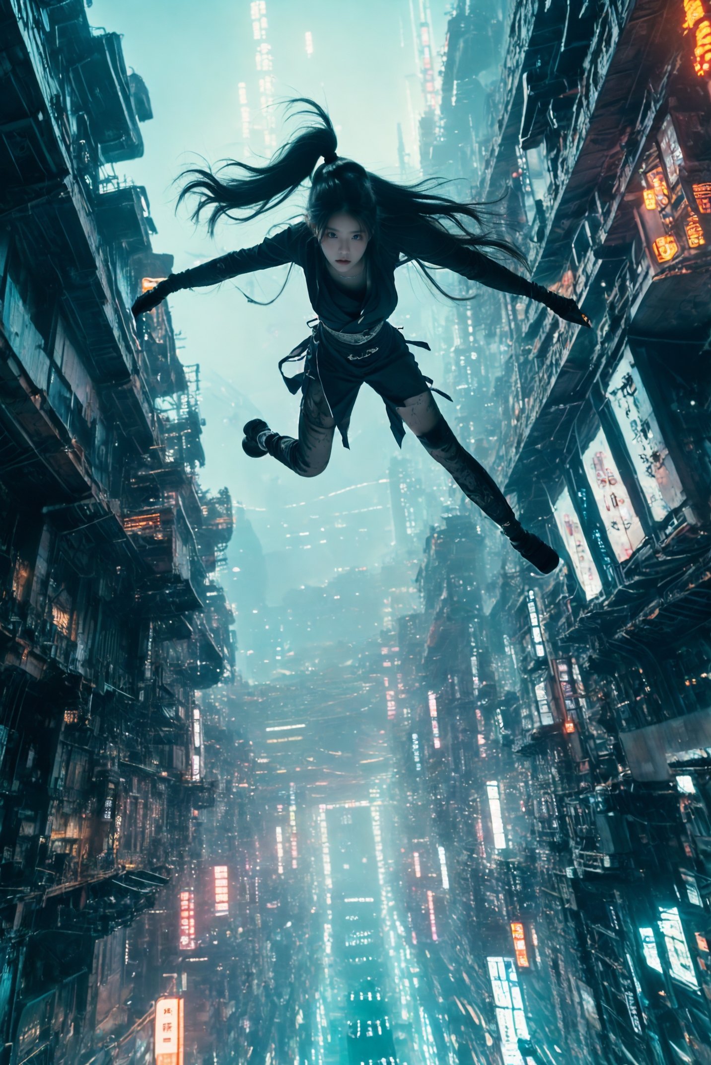 xuer flies over,  1girl, (dramatic, gritty, intense:1.4),masterpiece, best quality, 32k uhd, insane details, intricate details, hyperdetailed, hyper quality, high detail, ultra detailed, Masterpiece,(Science fiction, Japanese architecture:1.5),<lora:绪儿-飞跃未来 xuer flies over:0.8>absurdly long hair,  very long hair,(ninja:1.4),