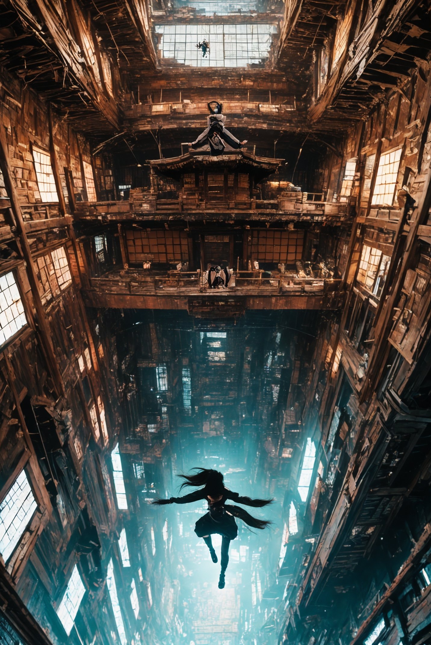 xuer flies over,  1girl, (dramatic, gritty, intense:1.4),masterpiece, best quality, 32k uhd, insane details, intricate details, hyperdetailed, hyper quality, high detail, ultra detailed, Masterpiece,(Japanese architecture, attics, walls:1.5),<lora:绪儿-飞跃未来 xuer flies over:0.8>absurdly long hair,  very long hair,(ninja:1.4),