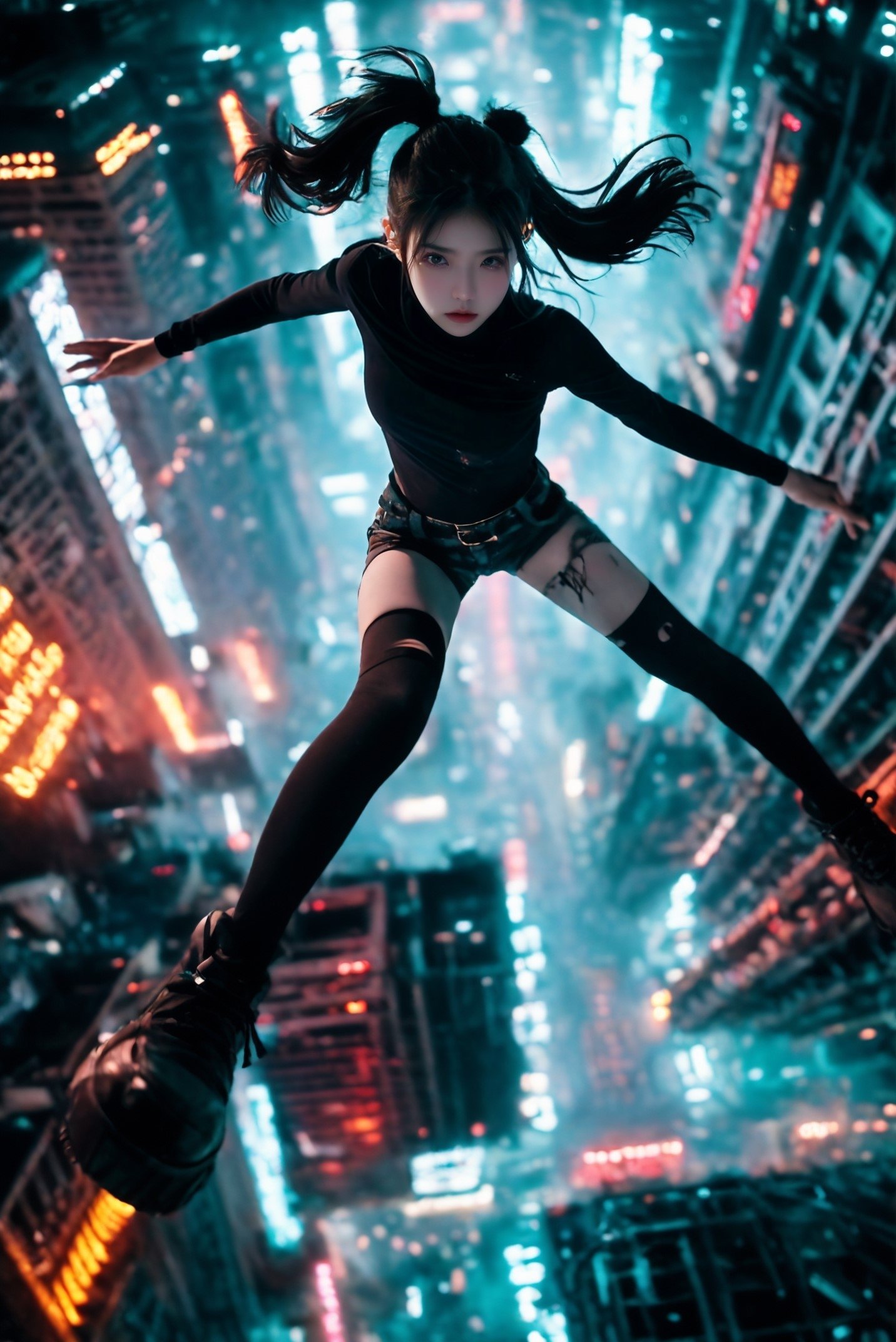 xuer flies over,  1girl, (dramatic, gritty, intense:1.4),masterpiece, best quality, 32k uhd, insane details, intricate details, hyperdetailed, hyper quality, high detail, ultra detailed, Masterpiece,city,<lora:绪儿-飞跃未来 xuer flies over:0.7>，turtleneck_sweater,doc_martens,