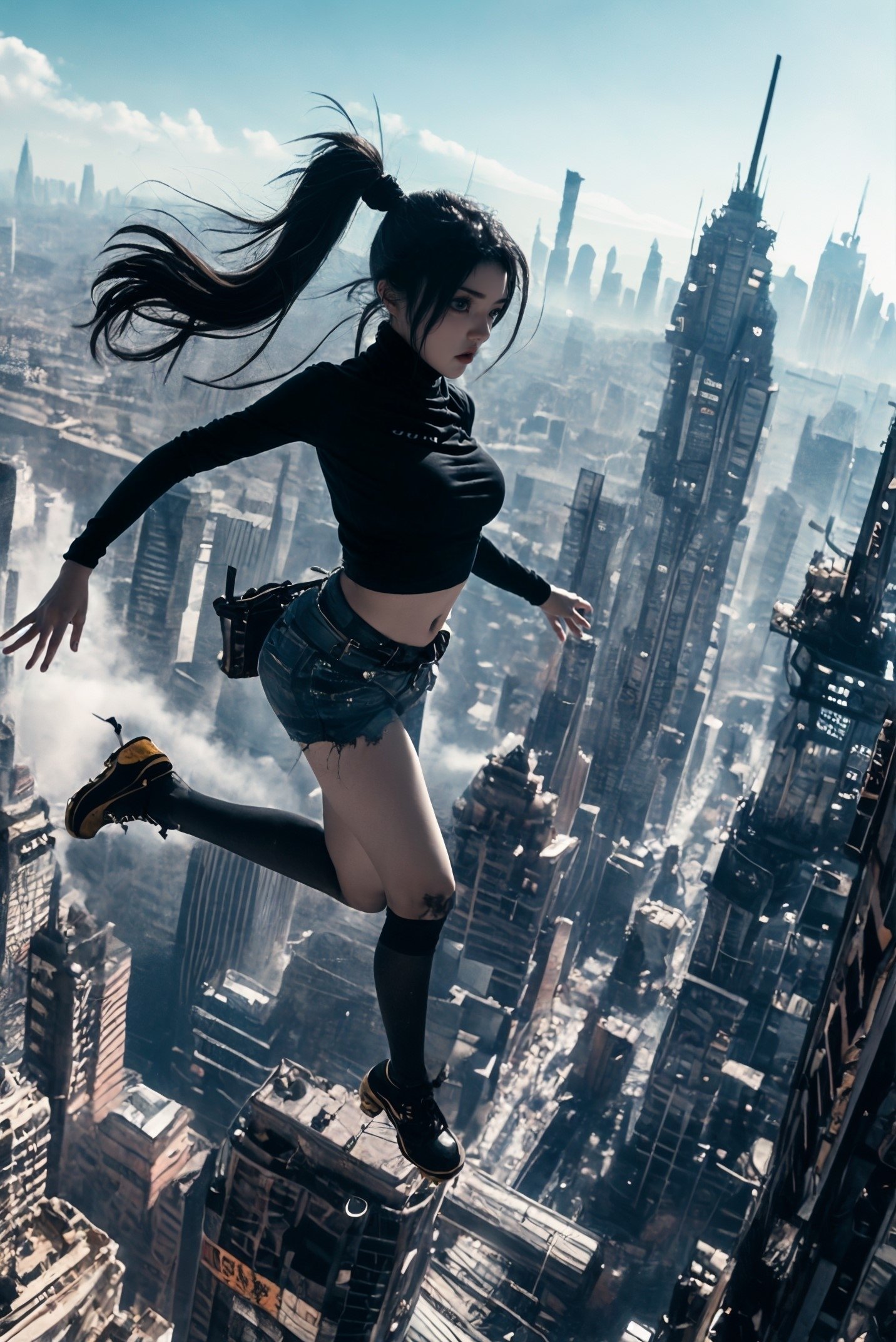 xuer flies over,  1girl, (dramatic, gritty, intense:1.4),masterpiece, best quality, 32k uhd, insane details, intricate details, hyperdetailed, hyper quality, high detail, ultra detailed, Masterpiece,city,<lora:绪儿-飞跃未来 xuer flies over:0.7>，turtleneck_sweater,doc_martens,