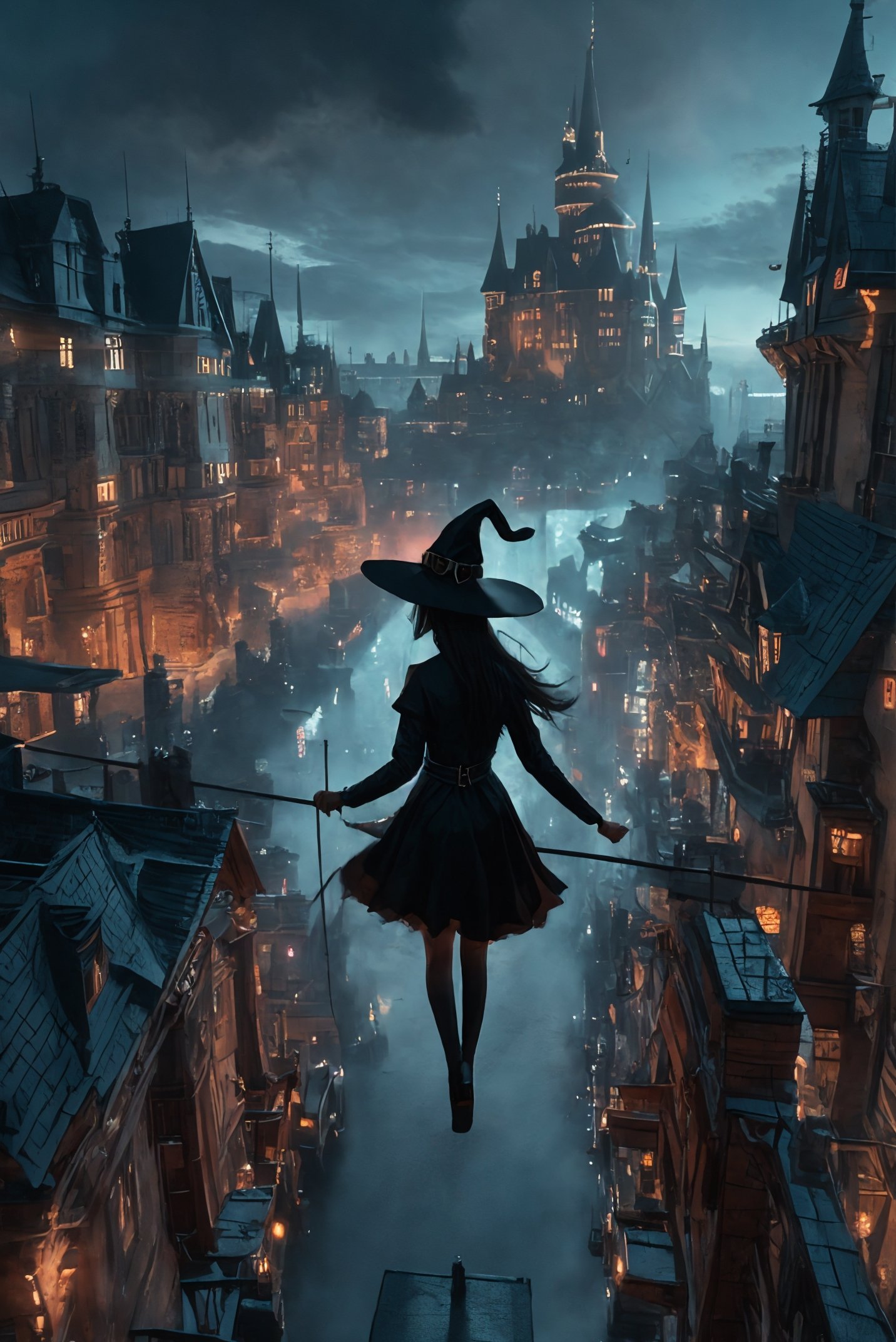 xuer flies over,  1girl, masterpiece, best quality,(Castles, magic:1.3)，<lora:绪儿-飞跃未来 xuer flies over:0.8>absurdly long hair,  (Witch:1.4),very long hair,