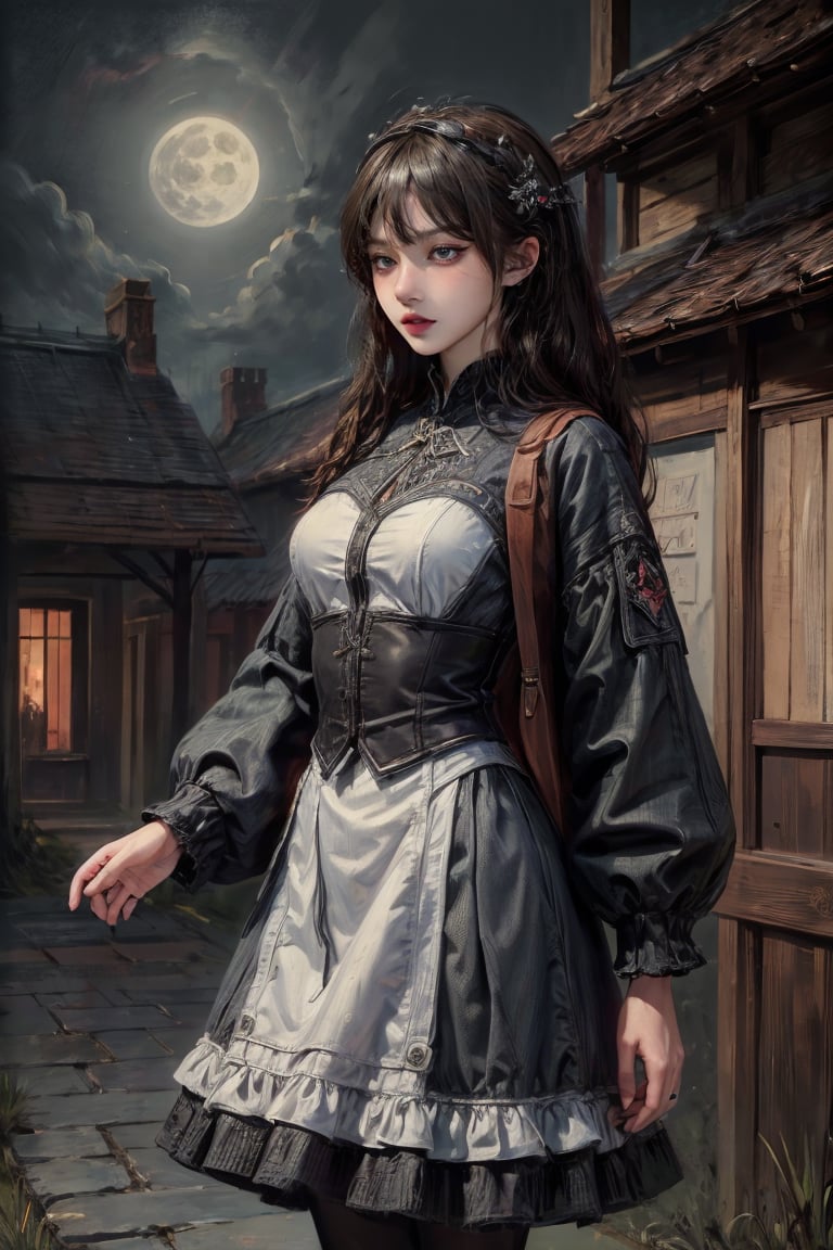 female, ((masterpiece, best quality, ultra detailed, absurdres):1.5), 1girl, bangs,beautiful,black hair,outside, long skirt, full moon, village,demonictech