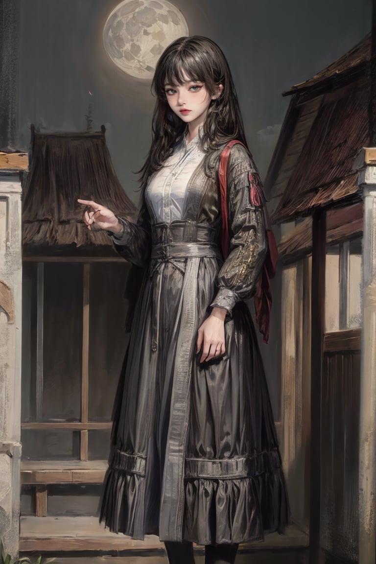 female, ((masterpiece, best quality, ultra detailed, absurdres):1.5), 1girl, bangs,beautiful,black hair,outside, long skirt, full moon, village