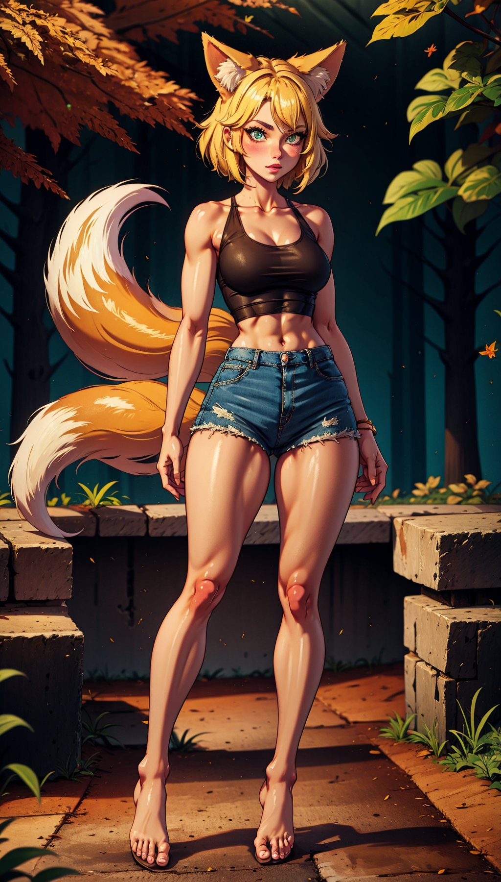 Fox girl,  blonde,  short skirt,  sleeveless,  open shirt,  tank top,<lora:EMS-257925-EMS:1.000000>