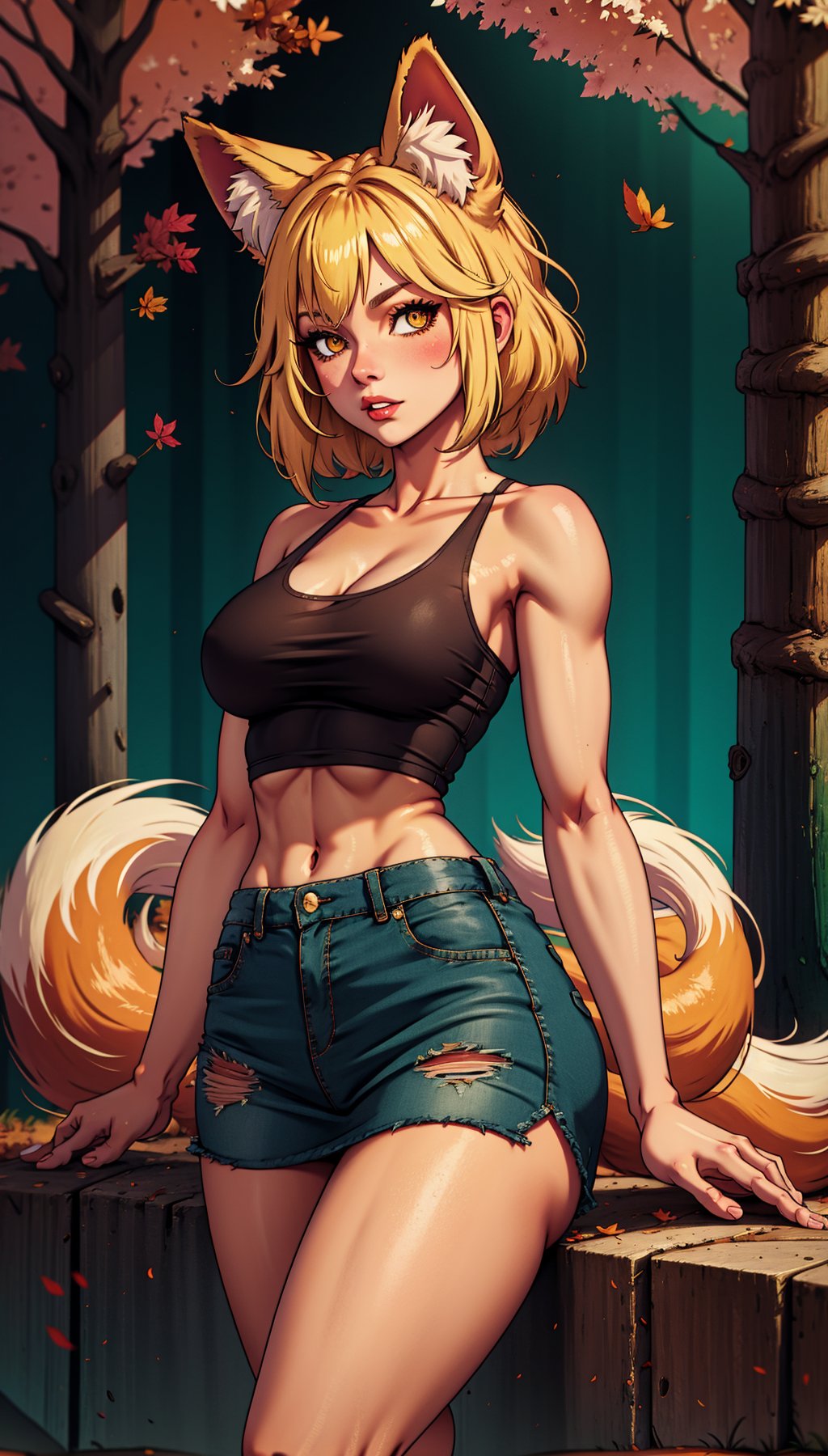 Fox girl,  blonde,  short skirt,  sleeveless,  open shirt,  tank top,<lora:EMS-257925-EMS:1.000000>