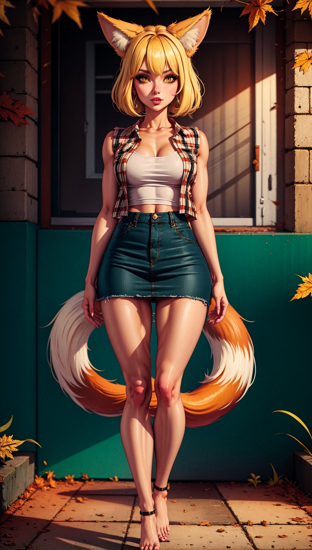 Fox girl,  blonde,  short skirt,  sleeveless,  open shirt,  tank top,<lora:EMS-257925-EMS:1.000000>