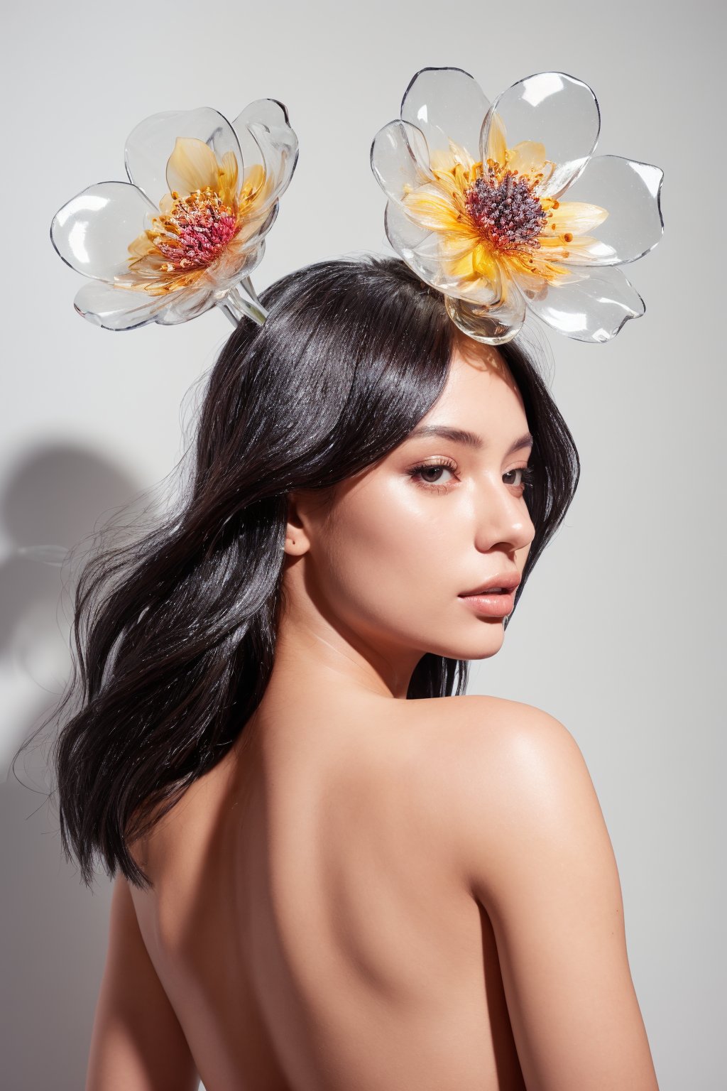 dark room studio portrait, black back drop, black room, darkroom, dimmed environment, a side portrait of an attractive woman with bikini tanned lines covered by flowers made of glass, olive skin, glowing skin, tanned lines, perky breast, fit body, wearing transparent glass petals, semi naked body covered in transparent flowers, transparent flower, glass flower, filled with flowers, full of flowers, flower bed (close up shot 1:1) alluring pose, glass statue, attractive pose, epic pose, shot from below, perspective view, dynamic angle, dynamic pose, fashion editorial photography, master piece, hyper realistic, real skin, natural light, wall made of glass flowers, wall filled with flowers made of glass, dreamy, surreal, enchanting, back lit photography, dramatic lighting, high contrast, studio photography, portrait photography, intimate, super closeup shot,  focused on subject, desaturated, artistic, pop art, sophisticated pose, back light silhouette photography, art photography, avant garde fashion photography, macro lens photography, gigantic transparent glass flowers, monumental scale, giant flower sculptures, obscure backround, dark scene, light master,hourglass body shape,fashion_girl