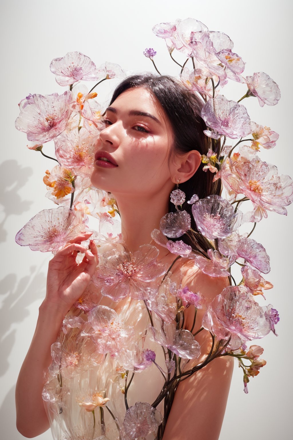 a side portrait of an attractive woman surrounded by flowers made of glass, wearing a elegnat dress made of transparent glass flowers, transparent flower, glass flower, filled with flowers, full of flowers, flower bed (close up shot 1:1) alluring pose, glass statue, attractive pose, epic pose, shot from below, perspective view, dynamic angle, dynamic pose, fashion editorial photography, master piece, hyper realistic, real skin, natural light, wall made of glass flowers, wall filled with flowers made of glass, dreamy, surreal, enchanting, back lit photography, dramatic lighting, high contrast, studio photography, portrait photography