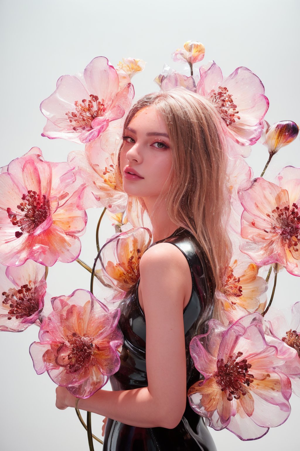 dark room studio portrait, black back drop, black room, darkroom, dimmed environment, a side portrait of an attractive blonde hair tanned woman surrounded by flowers made of glass, olive skin, glowing skin, tanned lines, wearing a elegnat dress made of transparent glass flowers, body covered in transparent flowers, transparent flower, glass flower, filled with flowers, full of flowers, flower bed (close up shot 1:1) alluring pose, glass statue, attractive pose, epic pose, shot from below, perspective view, dynamic angle, dynamic pose, fashion editorial photography, master piece, hyper realistic, real skin, natural light, wall made of glass flowers, wall filled with flowers made of glass, dreamy, surreal, enchanting, back lit photography, dramatic lighting, high contrast, studio photography, portrait photography, intimate, super closeup shot,  focused on subject, desaturated, artistic, pop art, sophisticated pose, back light silhouette photography, art photography, avant garde fashion photography, macro lens photography, gigantic transparent glass flowers, monumental scale, giant flower sculptures