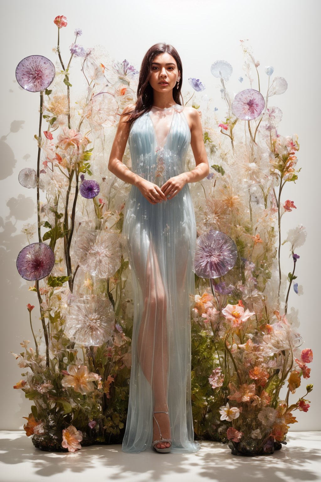 an attractive woman surrounded by flowers made of glass, wearing a elegnat dress made of transparent glass flowers, transparent flower, glass flower, filled with flowers, full of flowers, flower bed (close up shot 1:1) alluring pose, glass statue, attractive pose, epic pose, shot from below, perspective view, dynamic angle, dynamic pose, fashion editorial photography, master piece, hyper realistic, real skin, natural light, wall made of glass flowers, wall filled with flowers made of glass, dreamy, surreal, enchanting