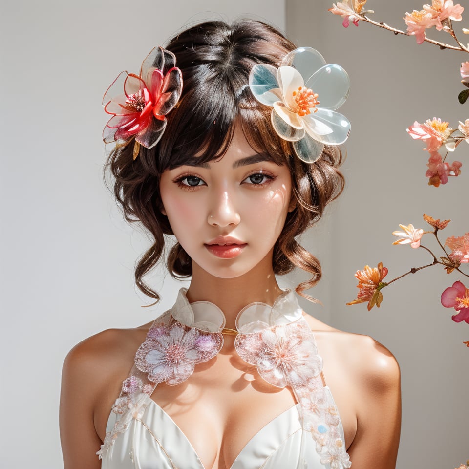 an attractive woman wearing a flower hair accessories made of glass, glass flower, transparent flower