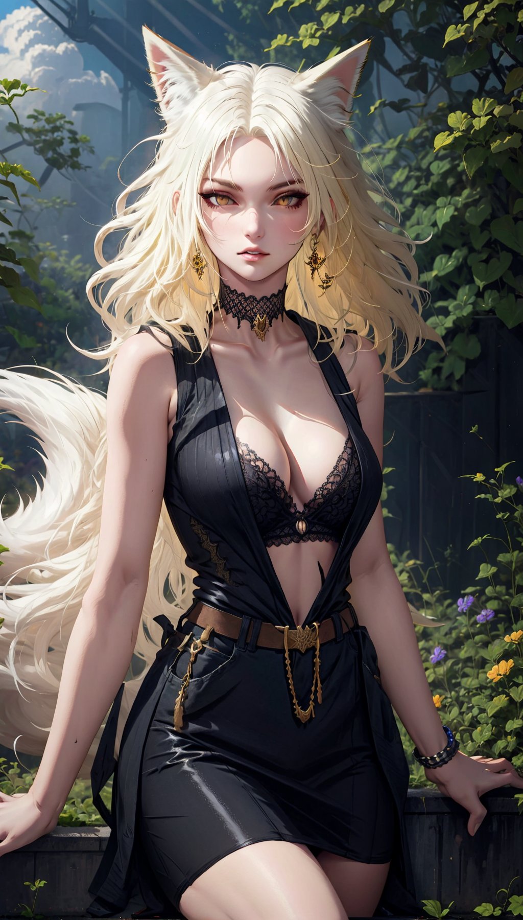 Fox girl,  blonde,  short skirt,  sleeveless,  open shirt,  tank top,  ,  sleeveles, open shirt,  outdoor, Fantasy style mix,<lora:EMS-258099-EMS:0.800000>