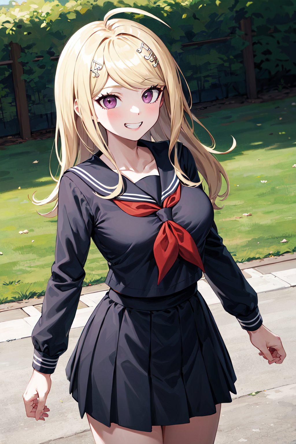 masterpiece, best quality, highres, aakaede, long hair, ahoge, hair ornament, breasts, collarbone, black serafuku, sailor collar, red neckerchief, (black shirt:1.2), long sleeves, black skirt , <lora:akamatsu_kaede_v1:0.7>, grin, standing, cowboy shot, outdoors