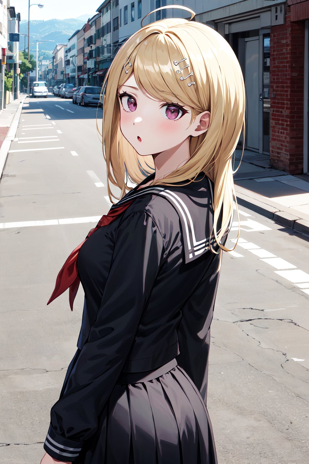 masterpiece, best quality, highres, aakaede, long hair, ahoge, hair ornament, breasts, collarbone, black serafuku, sailor collar, red neckerchief, (black shirt:1.2), long sleeves, black skirt , <lora:akamatsu_kaede_v1:0.7>, standing, from behind, looking back, :o, street