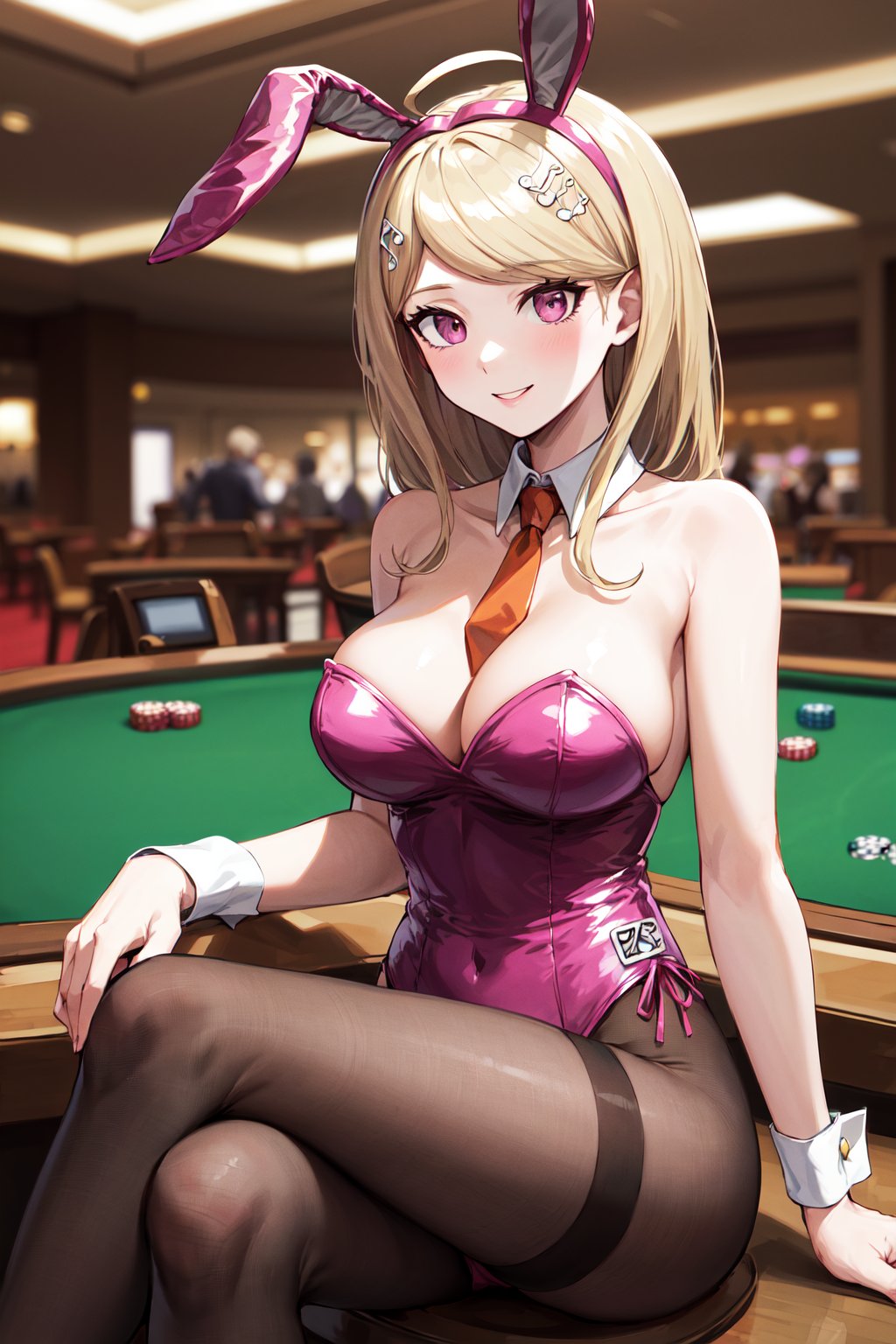 masterpiece, best quality, highres, aakaede, long hair, ahoge, hair ornament, rabbit ears, breasts, playboy bunny, detached collar, orange necktie, bare shoulders, strapless, pink leotard, frills, wrist cuffs, pantyhose, <lora:akamatsu_kaede_v1:0.7>, sitting, casino, crossed legs, smile