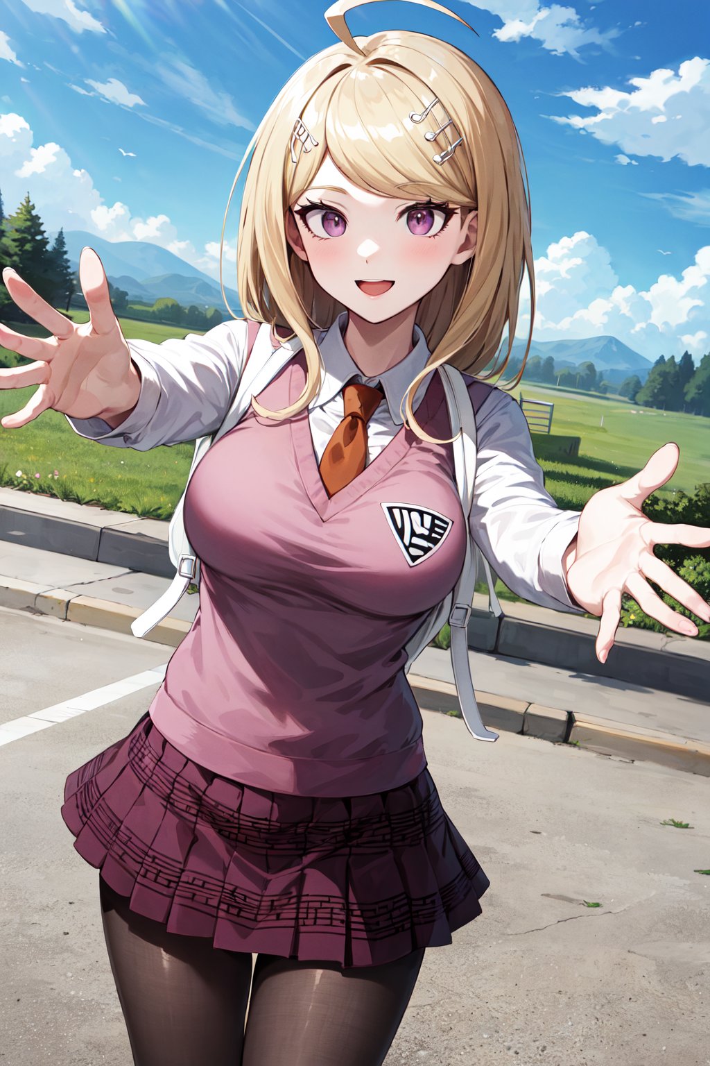 masterpiece, best quality, highres, aakaede, long hair, ahoge, hair ornament, breasts, school uniform, necktie, pink vest, sweater vest, collared shirt, long sleeves, backpack, pleated skirt, purple skirt, print skirt, pantyhose, <lora:akamatsu_kaede_v1:0.7>, standing, cowboy shot, smile, reaching out, outdoors