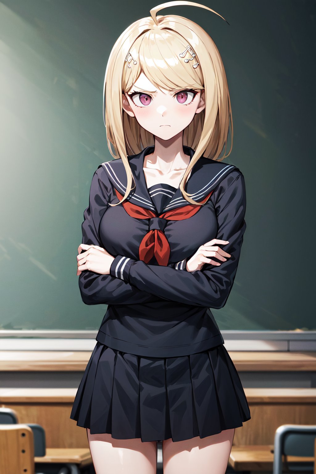 masterpiece, best quality, highres, aakaede, long hair, ahoge, hair ornament, breasts, collarbone, black serafuku, sailor collar, red neckerchief, (black shirt:1.2), long sleeves, black skirt , <lora:akamatsu_kaede_v1:0.7>, crossed arms, frown, classroom, standing