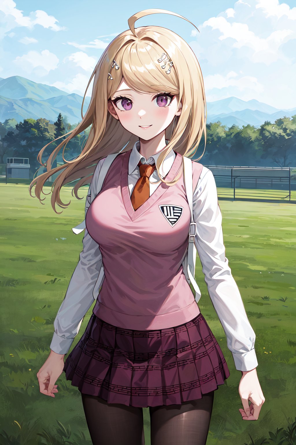 masterpiece, best quality, highres, aakaede, long hair, ahoge, hair ornament, breasts, school uniform, necktie, pink vest, sweater vest, collared shirt, long sleeves, backpack, pleated skirt, purple skirt, print skirt, pantyhose, <lora:akamatsu_kaede_v1:0.7>, standing, cowboy shot, outdoors, smile