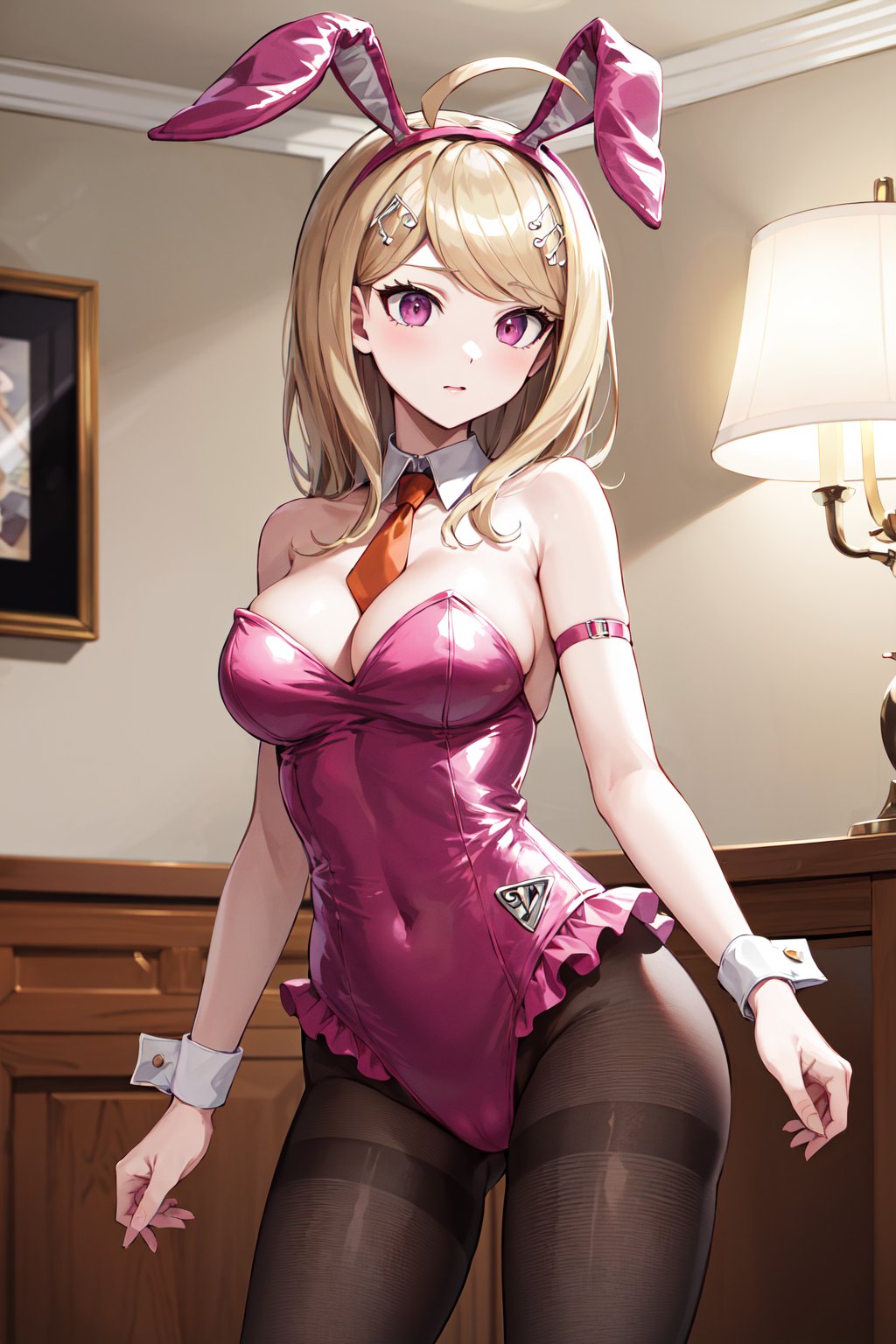 masterpiece, best quality, highres, aakaede, long hair, ahoge, hair ornament, rabbit ears, breasts, playboy bunny, detached collar, orange necktie, bare shoulders, strapless, pink leotard, frills, wrist cuffs, pantyhose, <lora:akamatsu_kaede_v1:0.7>, standing, cowboy shot, indoors, chandelier, 