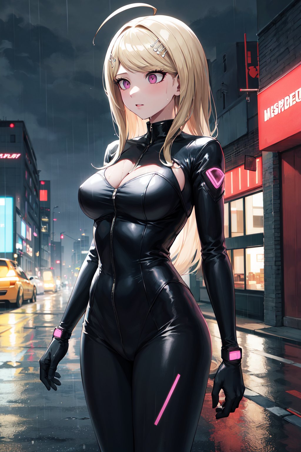 masterpiece, best quality, highres, aakaede, long hair, ahoge, hair ornament, breasts, <lora:akamatsu_kaede_v1:0.7>, bodysuit, gloves, cyberpunk, rain, night, street, city, standing, cowboy shot, wet