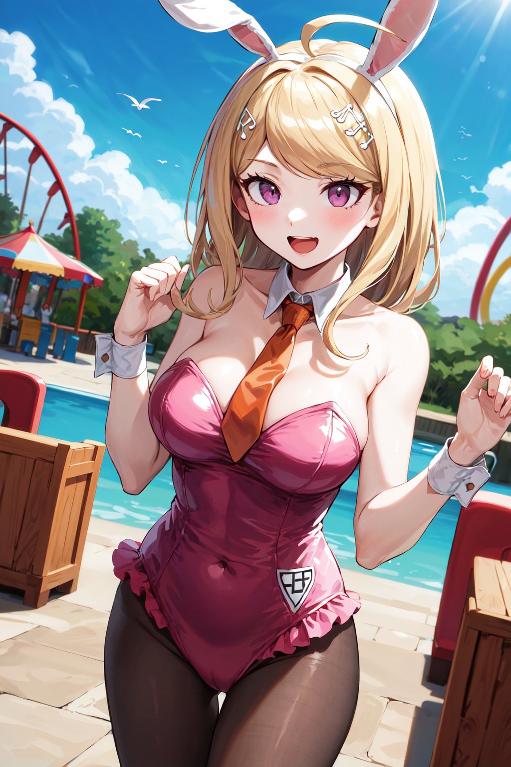 masterpiece, best quality, highres, aakaede, long hair, ahoge, hair ornament, rabbit ears, breasts, playboy bunny, detached collar, orange necktie, bare shoulders, strapless, pink leotard, frills, wrist cuffs, pantyhose, <lora:akamatsu_kaede_v1:0.7>, hands up, clenched hands, smile, open mouth, outdoors, amusement park, 