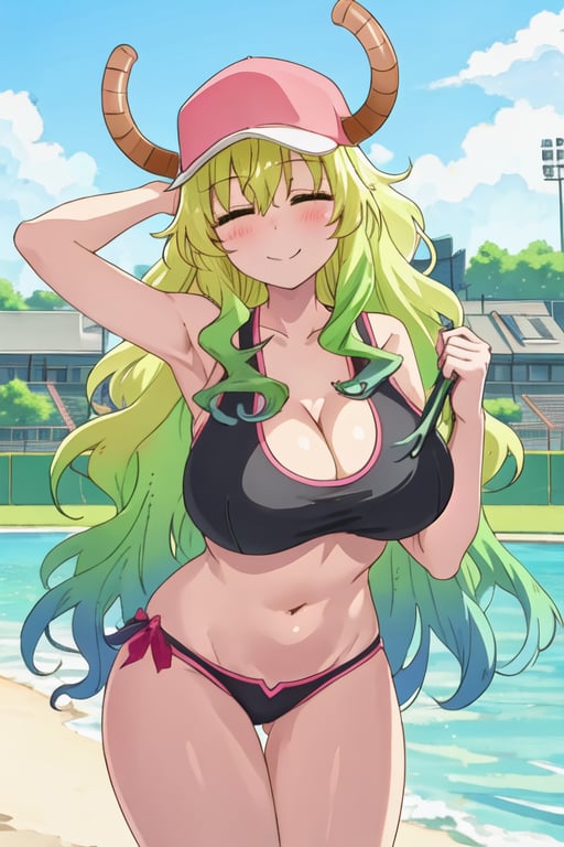 best quality, masterpiece, highres, solo, {quetzalcoatl_kobayashisanchinomaidragon:1.15}, green_hair, long_hair, blonde_hair, horns, multicolored_hair, dragon_horns, dragon_girl, gradient_hair, blush, closed_eyes, hat, horns_through_headwear, baseball_cap, breasts, anime_coloring, large_breasts, pink_headwear, smile, cleavage, closed_mouth, blue_hair, 1girl, bikini, day, swimsuit, outdoors, blue_sky, sky, bare_shoulders, cleavage_cutout, clothing_cutout, navel, parody, upper_body