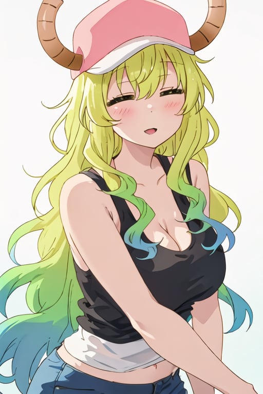 best quality, masterpiece, highres, solo, {quetzalcoatl_kobayashisanchinomaidragon:1.15}, green_hair, long_hair, blonde_hair, horns, multicolored_hair, dragon_horns, dragon_girl, gradient_hair, blush, closed_eyes, hat, horns_through_headwear, baseball_cap, breasts, anime_coloring, large_breasts, pink_headwear, smile, cleavage, closed_mouth, blue_hair, 1girl, bangs, bare_shoulders, chibi, facing_viewer, simple_background, tank_top, upper_body, white_background, ^_^, black_tank_top, open_mouth, :o