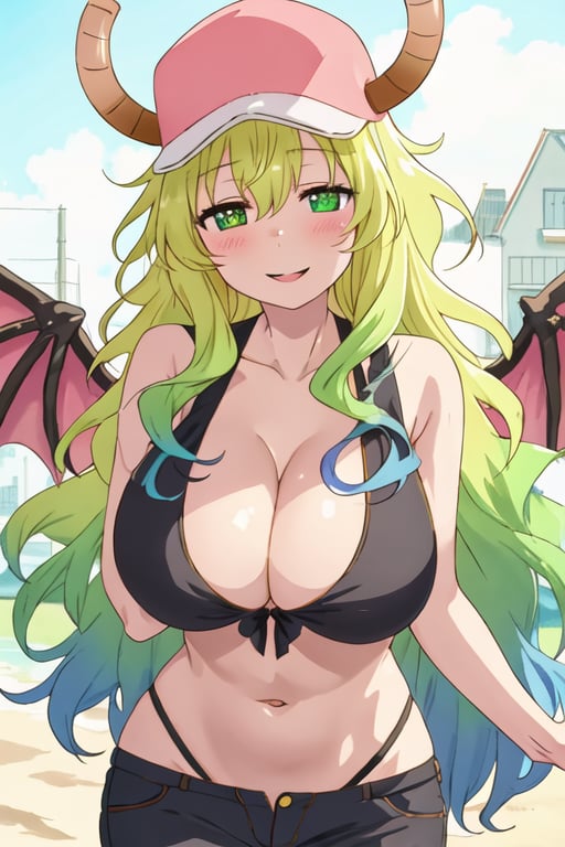 best quality, masterpiece, highres, solo, {quetzalcoatl_kobayashisanchinomaidragon:1.15}, green_hair, long_hair, blonde_hair, horns, multicolored_hair, dragon_horns, dragon_girl, gradient_hair, blush, closed_eyes, hat, horns_through_headwear, baseball_cap, breasts, anime_coloring, large_breasts, pink_headwear, smile, cleavage, closed_mouth, blue_hair, 1girl, green_eyes, heterochromia, unusually_open_eyes, purple_eyes, wings, hair_between_eyes, looking_at_viewer, parody, open_mouth, upper_body, huge_breasts, multicolored_eyes, bikini