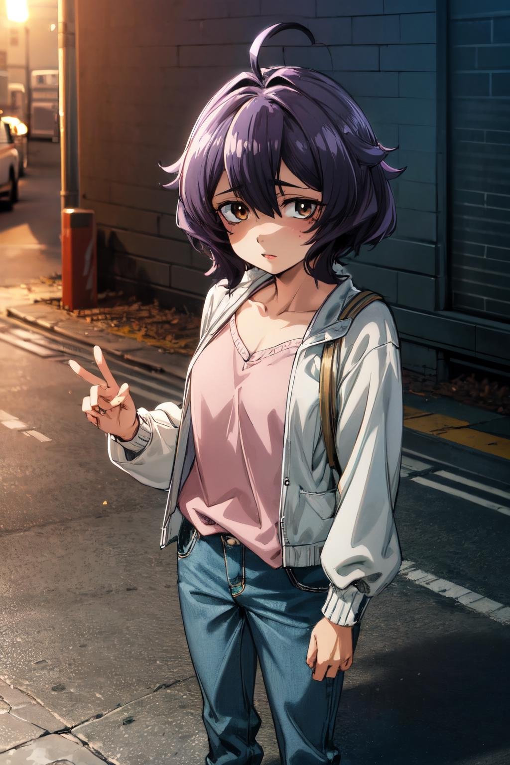 <lora:more_details:0.6>,  <lora:Hiiragi_Utena-08:0.7>, utena1_wz, short hair, purple hair, ahoge, brown eyes,hair between eyes, pink shirt, jacket, pants, standing, looking at viewer, street, (highres:1.2),(ultra-detailed:1.2),[high dynamic range lighting],(masterpiece:1.3), (best quality),highly quality, intricate details,(extremely detailed CG unity 8k wallpaper:1.2),best shadow,(extremely detailed fine touch:1.2), (high resolution), (8K), (extremely detailed), (4k), (pixiv), perfect face, nice eyes and face, (super detailed), detailed face and eyes, textured skin, absurdres, highres