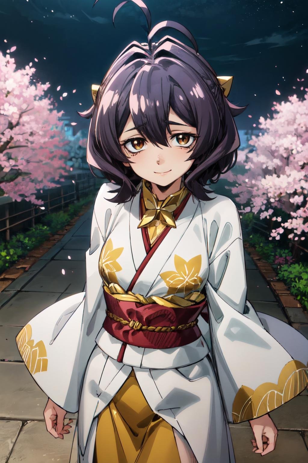 <lora:more_details:0.6>,  <lora:Hiiragi_Utena-08:0.7>, utena1_wz, short hair, purple hair, ahoge, brown eyes,hair between eyes, print kimono, japanese clothes, cherry blossoms, night, dynamic angle,  cowboy shot,  looking at viewer, light smile, v arms,, (highres:1.2),(ultra-detailed:1.2),[high dynamic range lighting],(masterpiece:1.3), (best quality),highly quality, intricate details,(extremely detailed CG unity 8k wallpaper:1.2),best shadow,(extremely detailed fine touch:1.2), (high resolution), (8K), (extremely detailed), (4k), (pixiv), perfect face, nice eyes and face, (super detailed), detailed face and eyes, textured skin, absurdres, highres<lora:1.5_perfect hands:1.0><lora:1.5_perfect hands:1.0>