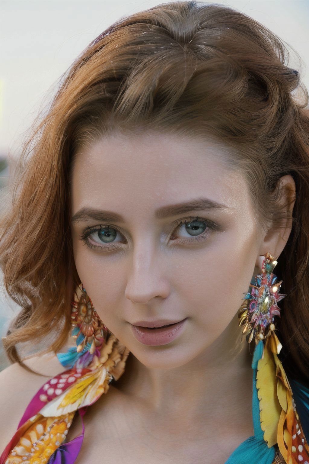 breathtaking professional photography of HelgaGrey,  a woman She wears a colorful and eclectic outfit,  reflecting her art...