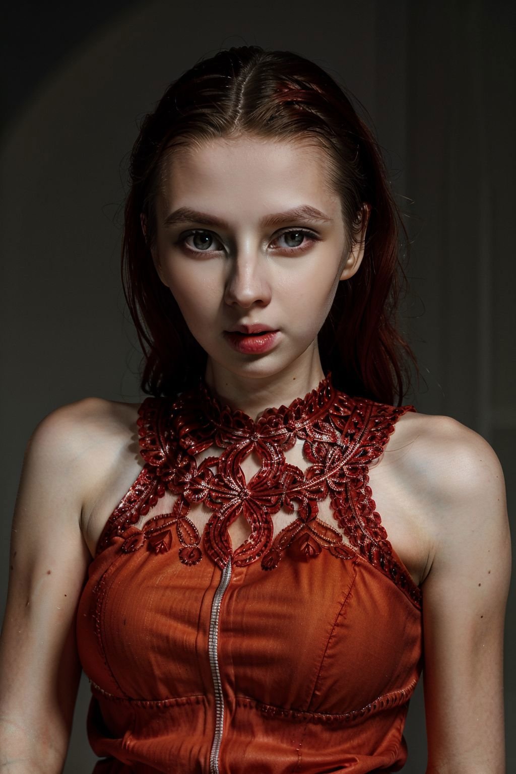 glam headshot of a simple modern female HelgaGreyin a dark theme simple dark glowing background,  ,  detailed intricate ha...