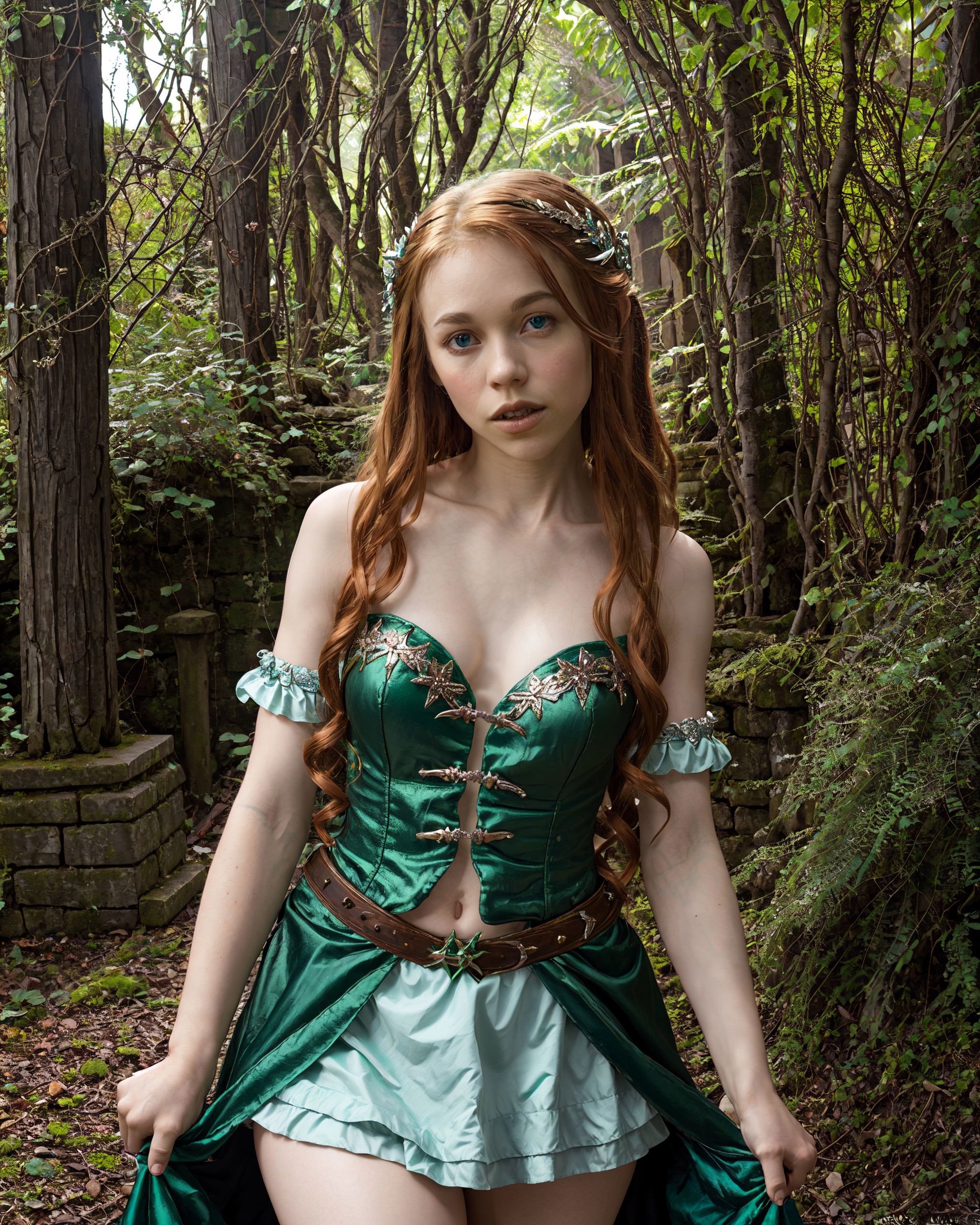 D011yLittle,  Enchanted emerald tresses and silver circlet,  dusky emerald gaze by ManOfCulture on Tensor.Art