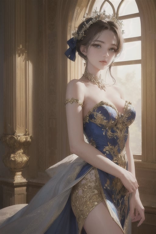 (((masterpiece))),((extremely detailed CG unity 8k wallpaper)),best quality,high resolution illustration,Amazing,highres,intricate detail,(best illumination, best shadow, an extremely delicate and beautiful),Rococo style,bare shoulders,strapless dress,sunbeam,sunlight,