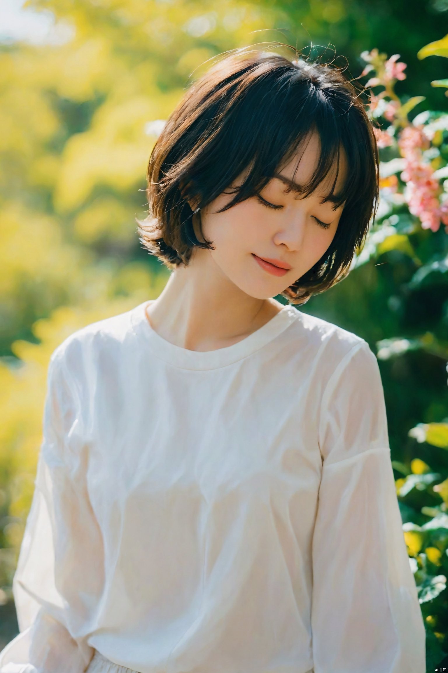 masterpiece,  best quality,  photo,  realistic,  jastyle,  1girl,  solo,  short hair,  shirt,  black hair,  long sleeves,  dress,  closed eyes,  white shirt,  upper body,  medium hair,  blurry background,<lora:EMS-258506-EMS:0.600000>