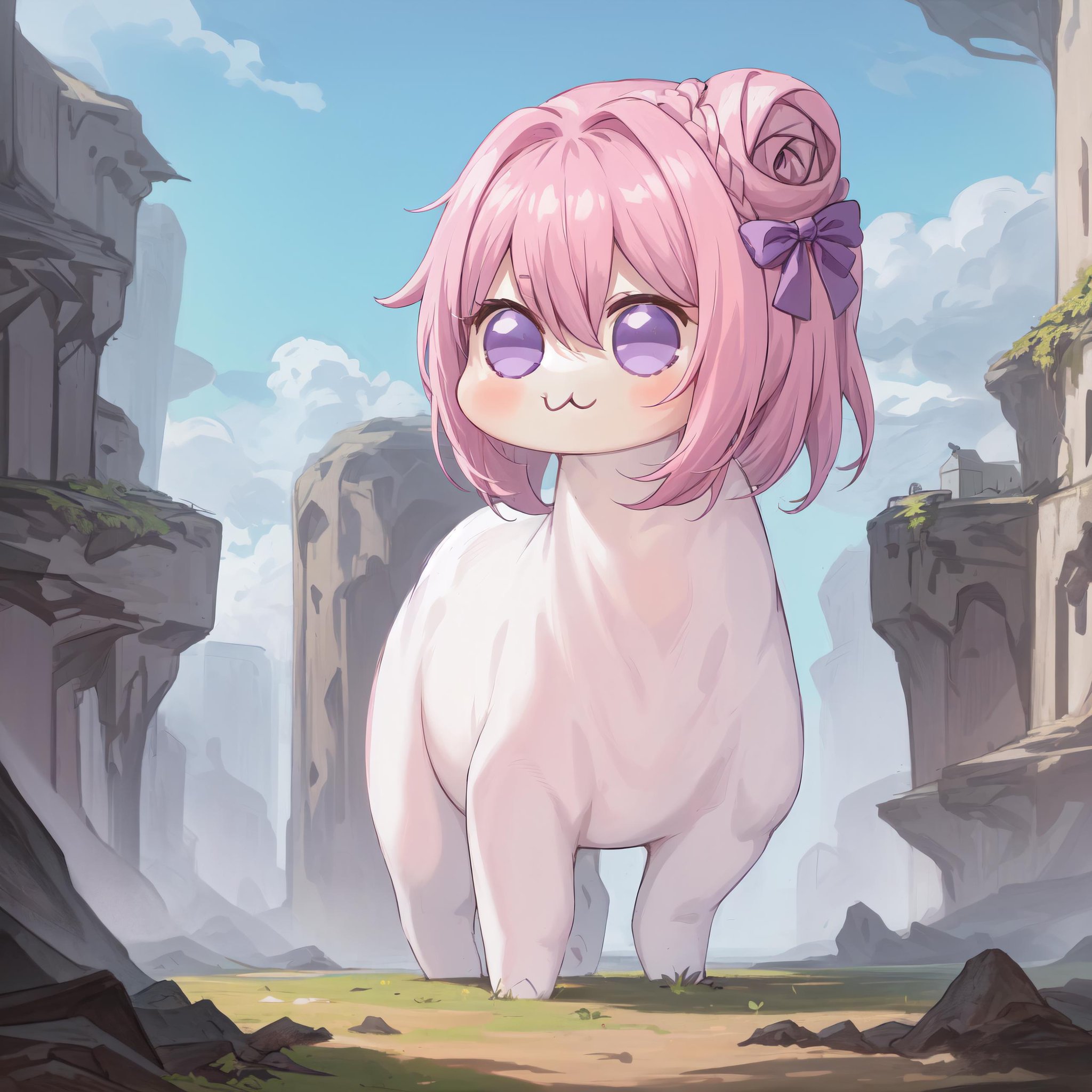 <lora:DoroV13-000020:0.9> masterpiece, best quality, doro, creature, chibi, ;3, pink hair, purple eyes, hair bun, hair bow, scenery, outdoors, <lora:GiantAnimal:0.7> oversized animal, oversized doro, size difference, giant, tiny people