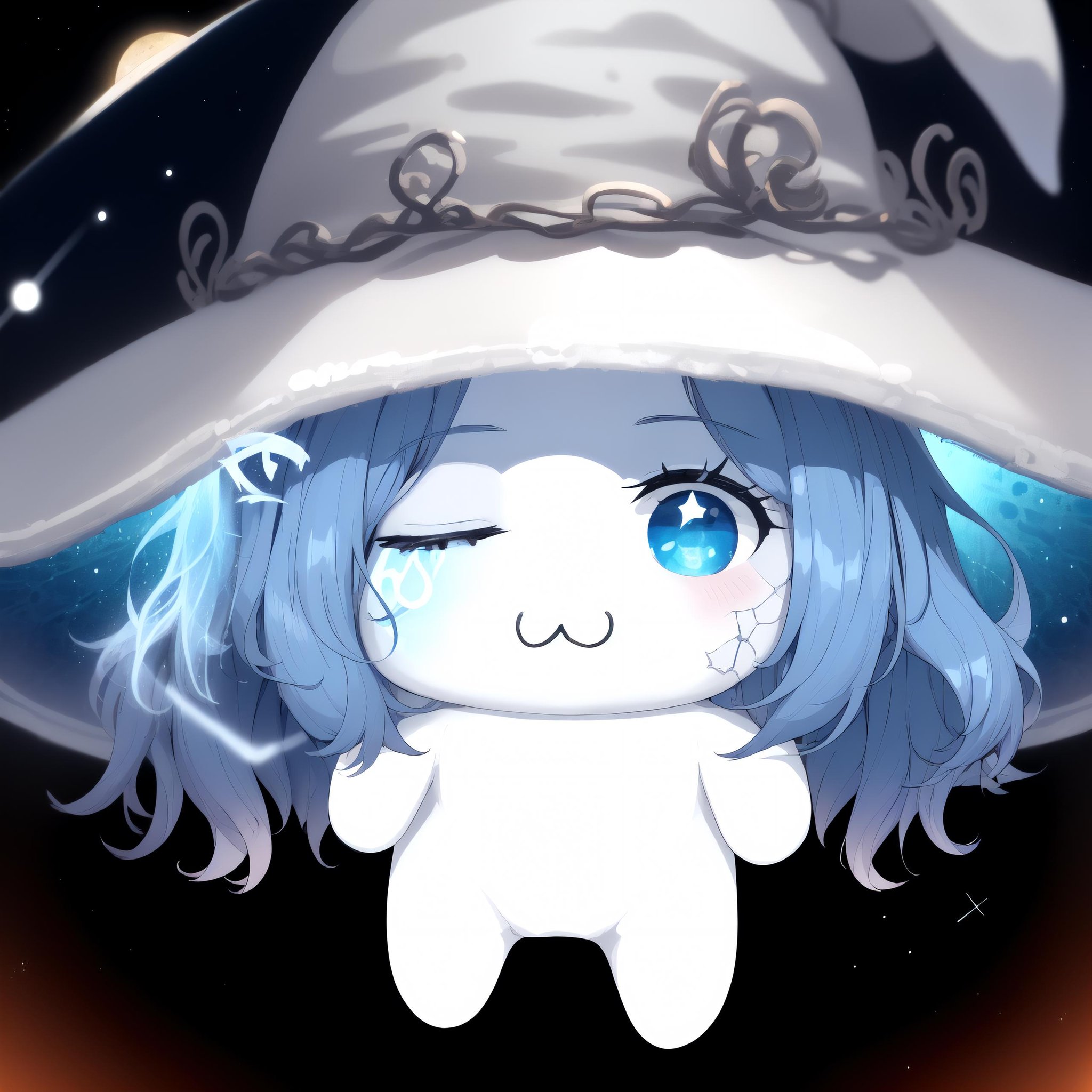 <lora:DoroV13-000020:1> masterpiece, best quality, doro, creature, chibi, ;3 <lora:RanniV4LoRA:1.1> IncrsRanni, wavy hair, cracked skin, colored skin, blue skin, extra faces, hat, one eye closed, starry sky, celestial