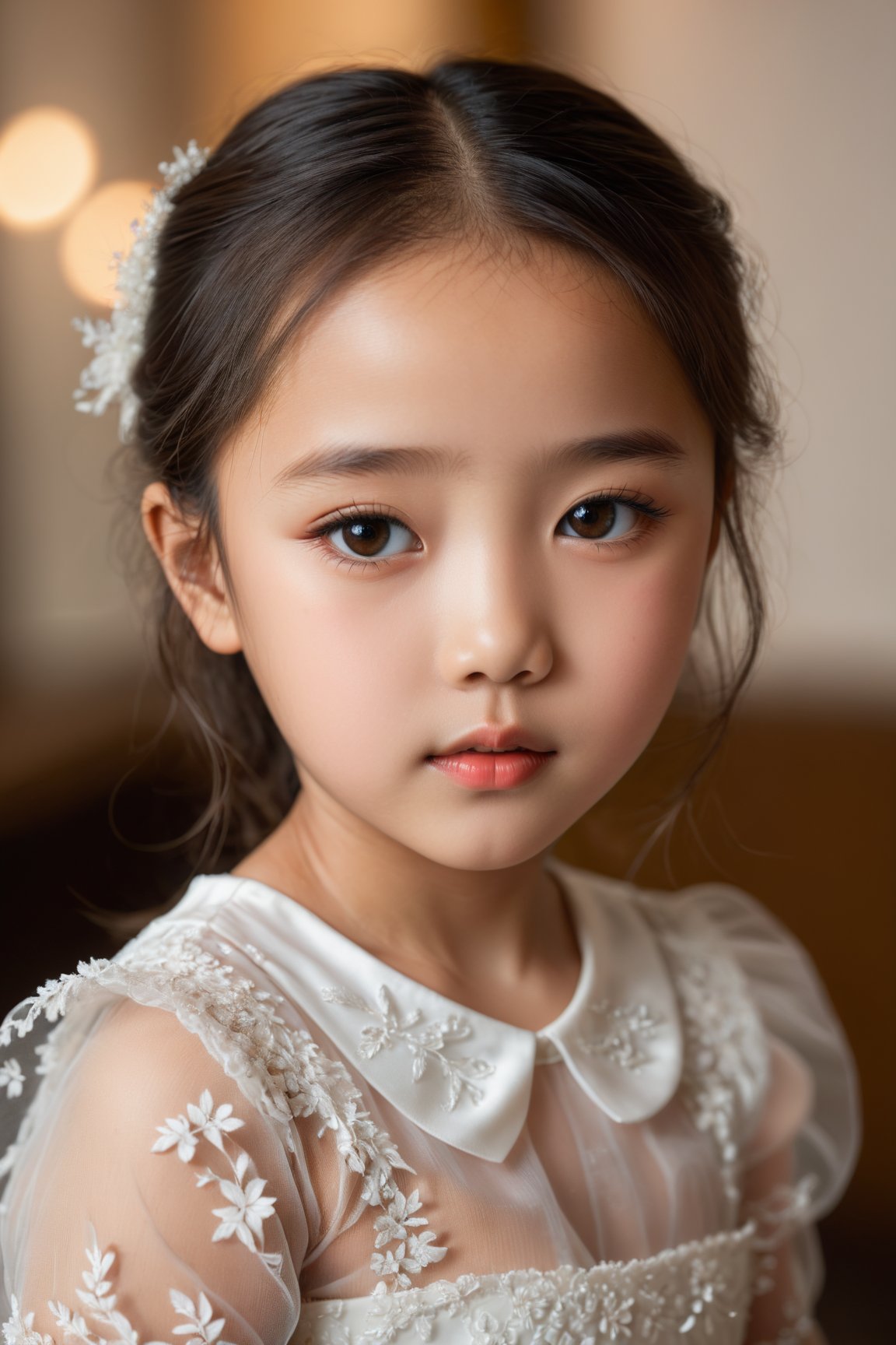 (ultra-detailed,photorealistic:1.37), (best quality,4k,8k,highres,masterpiece:1.2),cute,little girl,beautiful dress,portrait,beautiful eyes,detailed lips,longeyelashes,brown skin,Asian skin,soft expression,youthful,tenderness,vivid colors,studio lighting