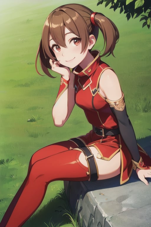 (Photo:1.3), highdetail, , Silica_ALO, solo, smile, sitting, head rest, grass, red dress, (acclaimed, alluring, captivating, exciting, gorgeous, striking:1.3), beautiful, (highly detailed, high quality:1.3)