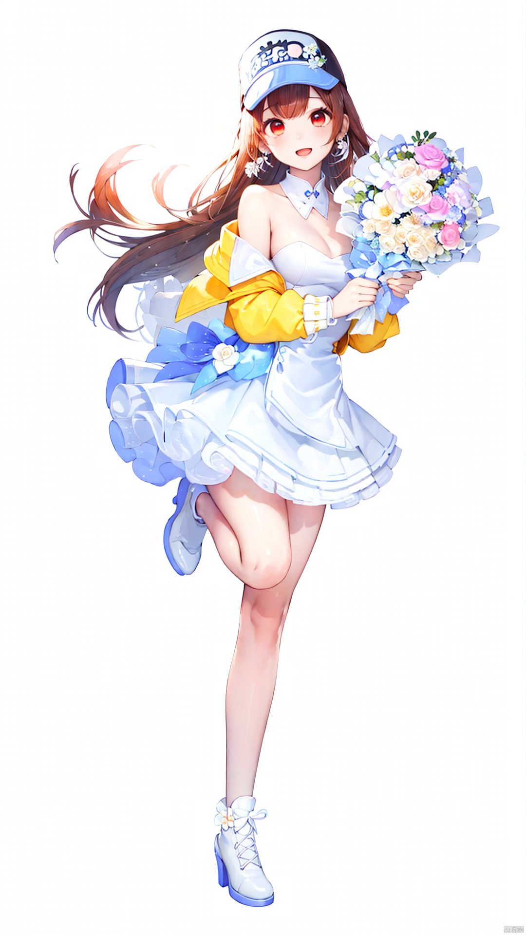 xiaojuzi, 1girl, solo, red eyes, long hair, brown hair, bangs, smile, bare shoulders, bouquet, brown hair, dress, earrings, flower, hat, high heels, holding, holding bouquet, jacket, jewelry, leg up, off shoulder, open mouth, pink flower, red eyes, rose, shoes, visor cap, white dress, white flower, white footwear, white headwear, white jacket, white rose, yellow flower, standing, standing on one leg, full body,looking at viewer,