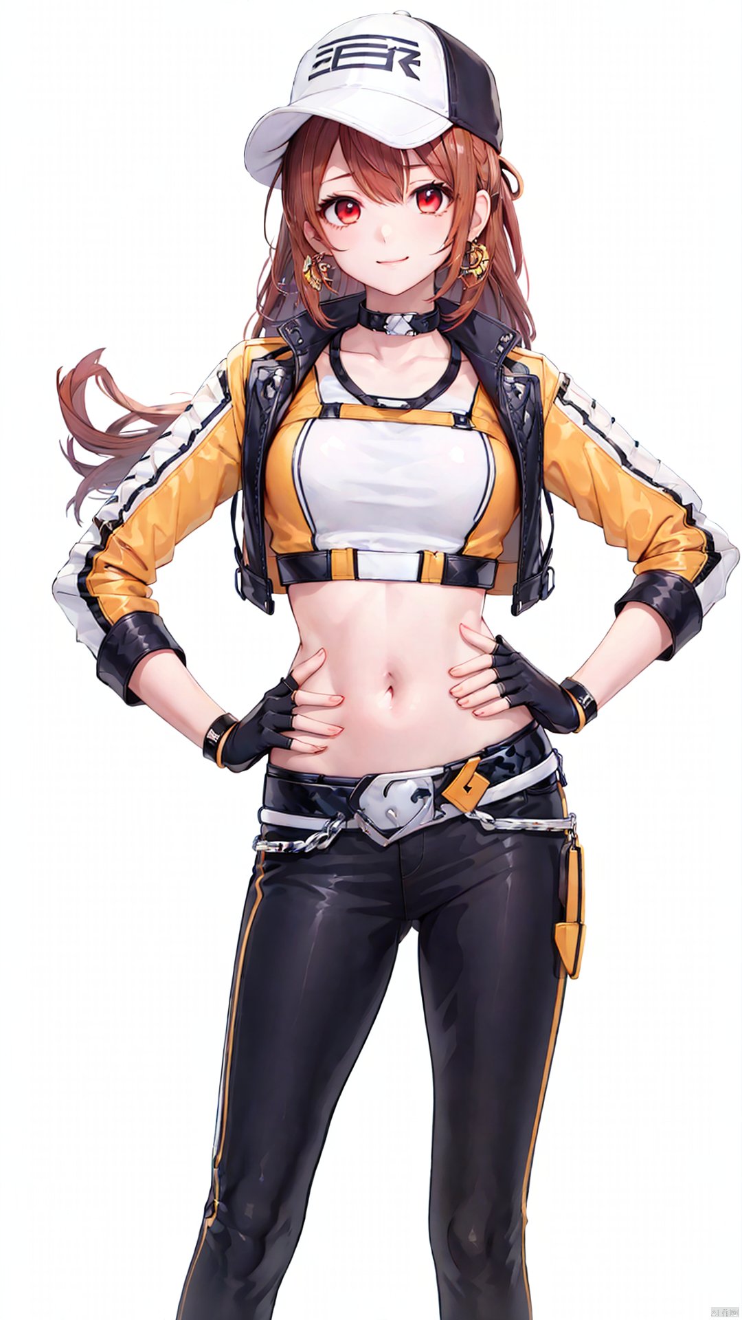 xiaojuzi, 1girl, solo, red eyes, long hair, brown hair, smile, baseball cap, belt, black gloves, black pants, medium breasts, choker, fingerless gloves, gloves, hand on hip, hands on hips, hat, jacket, leather, looking at viewer, midriff, navel, pants,