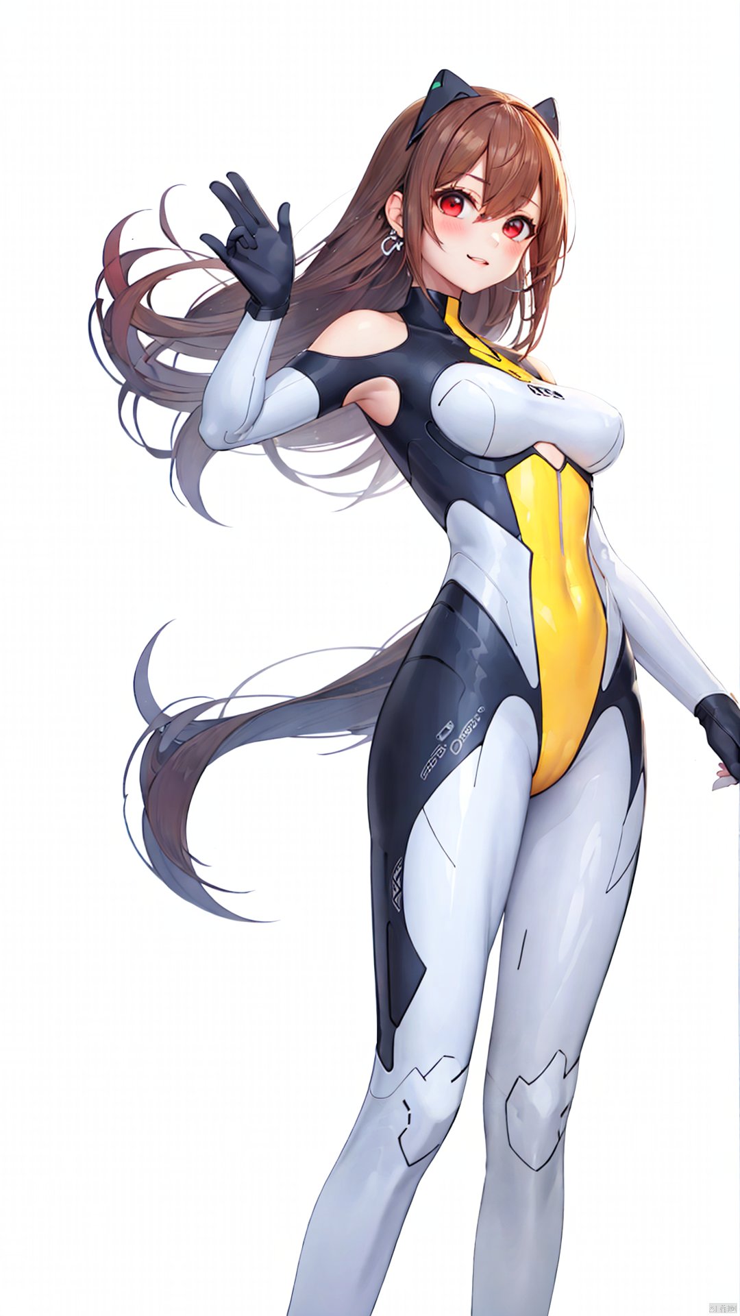 xiaojuzi, 1girl, solo, red eyes, long hair, brown hair, bangs, smile,

arched back, armpits, ass, blush, bodysuit, breasts, brown hair, clothes writing, eyebrows visible through hair, gloves, hair between eyes, looking at viewer, looking back, pilot suit, plugsuit, skin tight, standing, very long hair, silver bodysuit,