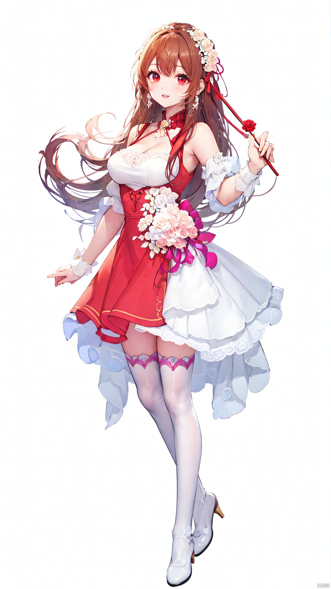 xiaojuzi, 1girl, solo, red eyes, long hair, brown hair, bangs, smile,bare shoulders, beads, cleavage, dress, earrings, flower, frills, hair flower, hair ornament, holding, jewelry, lips, long hair, , medium breasts, parted lips, pink rose, red dress, red lips, red rose, sleeveless, sleeveless dress, thighhighs, white dress, white flower, white legwear, white rose, wrist cuffs, zettai ryouiki,cowboy shot, standing, looking at viewer,