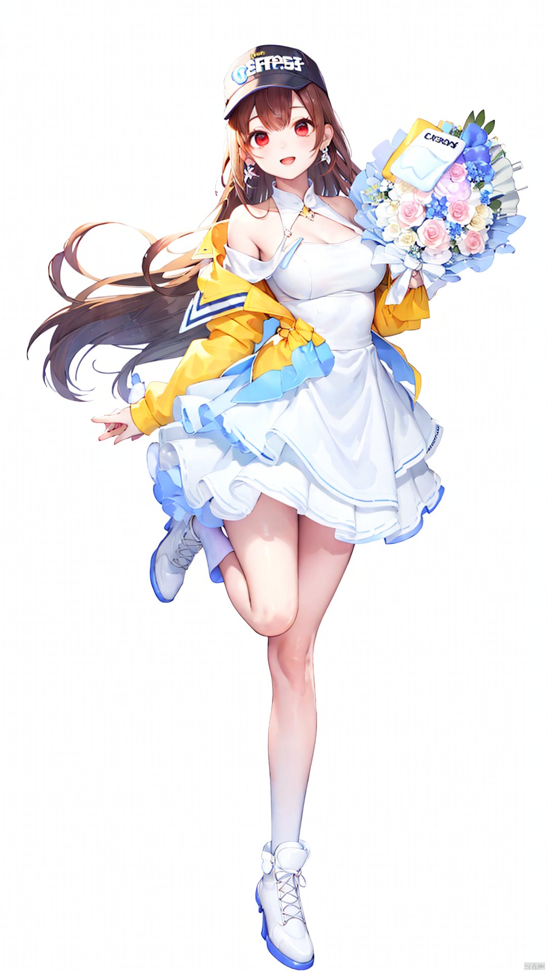 xiaojuzi, 1girl, solo, red eyes, long hair, brown hair, bangs, smile, bare shoulders, bouquet, brown hair, dress, earrings, flower, hat, high heels, holding, holding bouquet, jacket, jewelry, leg up, off shoulder, open mouth, pink flower, red eyes, rose, shoes, visor cap, white dress, white flower, white footwear, white headwear, white jacket, white rose, yellow flower, standing, standing on one leg, full body,looking at viewer,