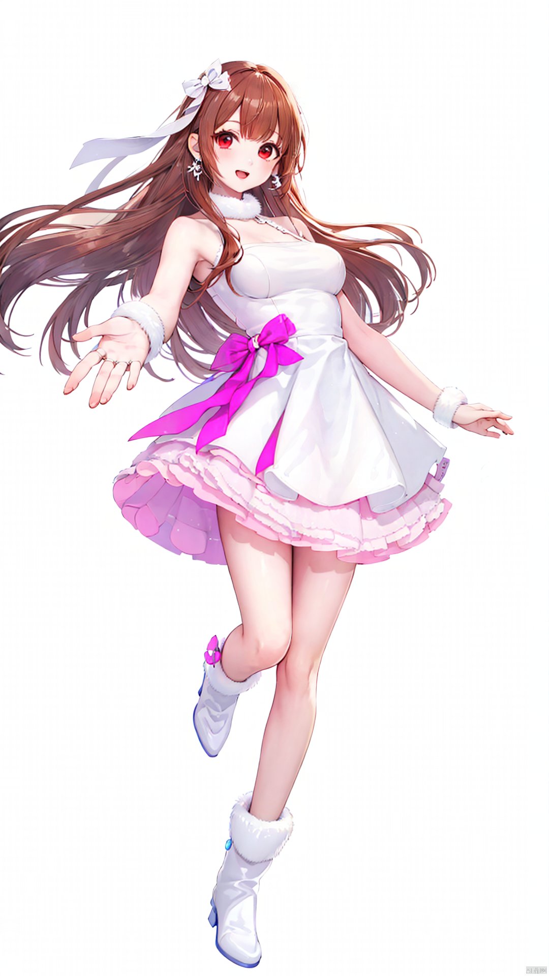 xiaojuzi, 1girl, solo, red eyes, long hair, brown hair, bangs, smile, armpits, bare shoulders, boots, bow, dress, floating hair, fur-trimmed boots, fur-trimmed dress, fur boots, fur collar, fur trim, hair ribbon, ice skates, jewelry, looking at viewer, medium breasts, open mouth, outstretched arm, outstretched arms, pink ribbon, ribbon, short dress, sideboob, skirt, sleeveless, v, white dress, white footwear, white ribbon, standing, standing on one leg,