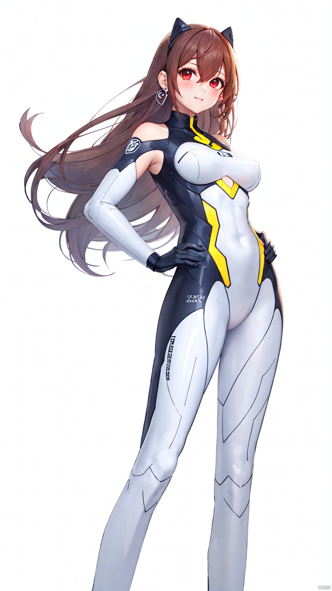 xiaojuzi, 1girl, solo, red eyes, long hair, brown hair, bangs, smile,

arched back, armpits, ass, blush, bodysuit, breasts, brown hair, clothes writing, eyebrows visible through hair, gloves, hair between eyes, looking at viewer, looking back, pilot suit, plugsuit, skin tight, standing, very long hair, silver bodysuit,