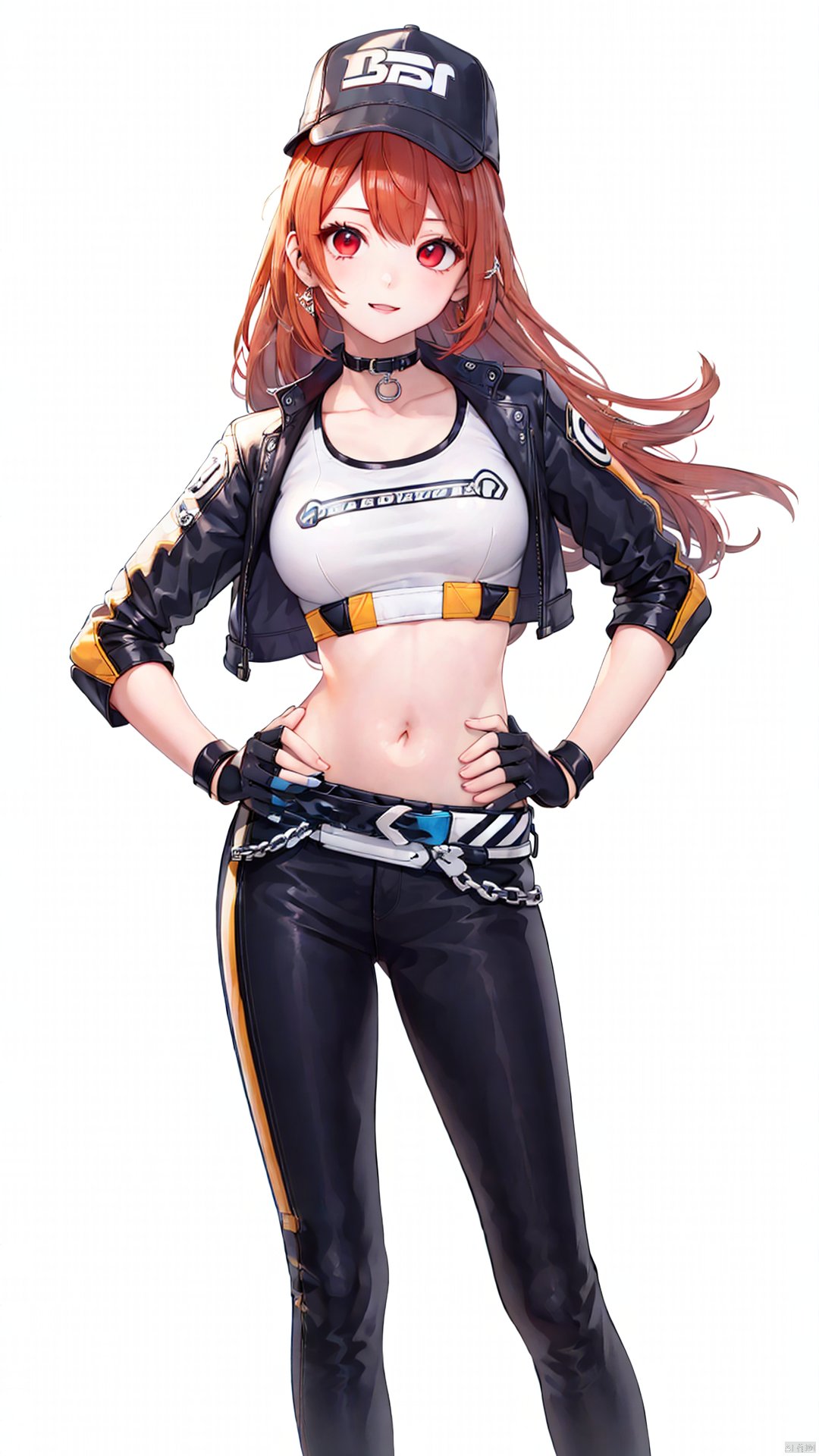 xiaojuzi, 1girl, solo, red eyes, long hair, brown hair, smile, baseball cap, belt, black gloves, black pants, medium breasts, choker, fingerless gloves, gloves, hand on hip, hands on hips, hat, jacket, leather, looking at viewer, midriff, navel, pants,