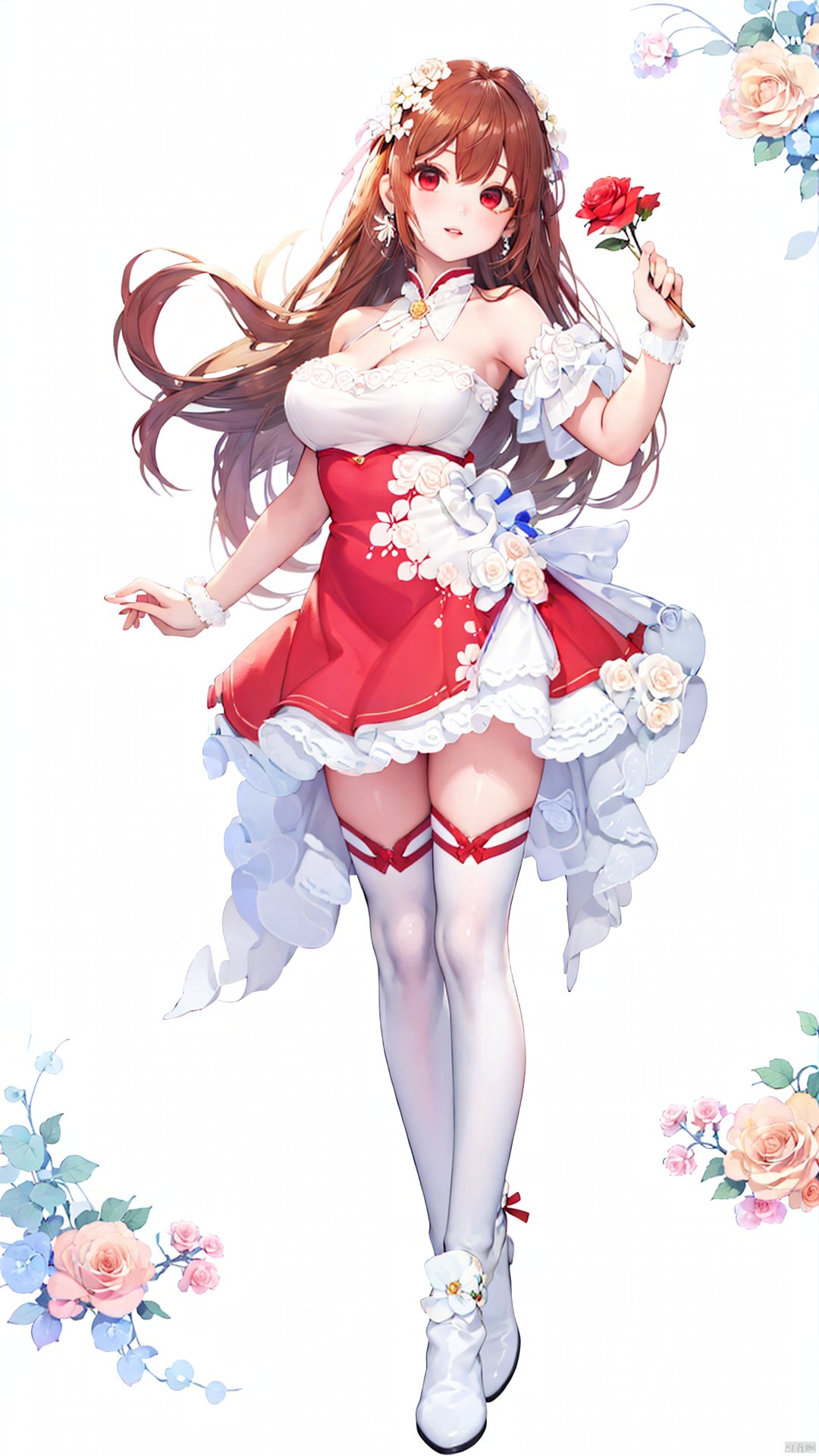 xiaojuzi, 1girl, solo, red eyes, long hair, brown hair, bangs, smile,bare shoulders, beads, cleavage, dress, earrings, flower, frills, hair flower, hair ornament, holding, jewelry, lips, long hair, , medium breasts, parted lips, pink rose, red dress, red lips, red rose, sleeveless, sleeveless dress, thighhighs, white dress, white flower, white legwear, white rose, wrist cuffs, zettai ryouiki,cowboy shot, standing, looking at viewer,