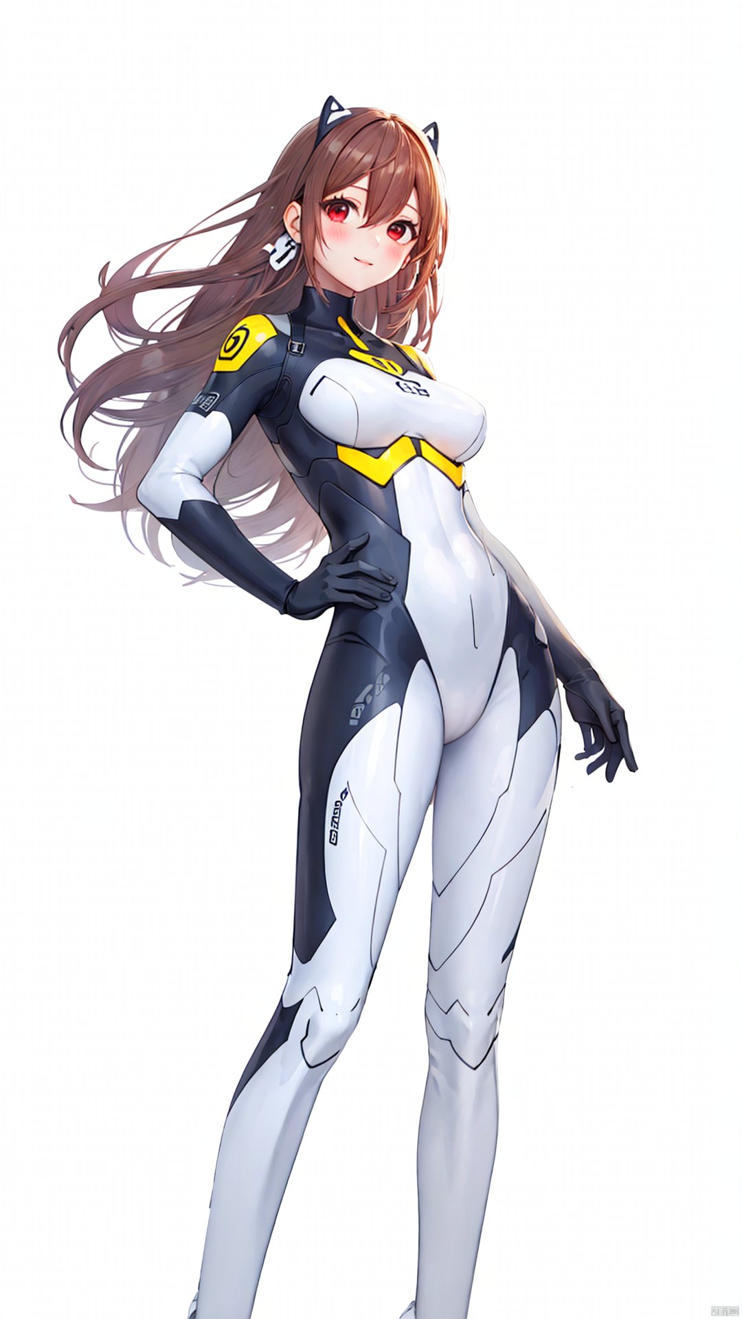 xiaojuzi, 1girl, solo, red eyes, long hair, brown hair, bangs, smile,

arched back, armpits, ass, blush, bodysuit, breasts, brown hair, clothes writing, eyebrows visible through hair, gloves, hair between eyes, looking at viewer, looking back, pilot suit, plugsuit, skin tight, standing, very long hair, silver bodysuit,